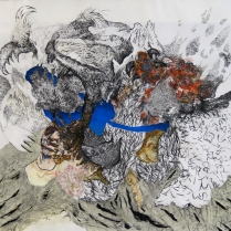 Pushing and Pulling (after the Temptation of St. Anthony by Martin Schongauer), 2013; Screenprint, charcoal, gouache, graphite, woodcut, collage; Object size: 42 x 42 inches