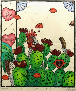 Rudy Fernandez; Indictment, 1984; woodcut with hand coloring (552x477mm)