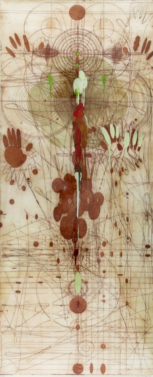 Judy Pfaff, The Mirror, 1998; etching, surface roll, encaustic, dye (72x32 inches)