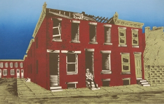 Anthony Lazorko (1935-2017); Stoop Sitting in Philly, 2007; woodcut (479x605mm)