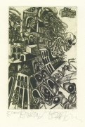 Leo Bednarik (Slovak); Twin Towers of Babel, 2004; etching, dry point; 221x145 mm