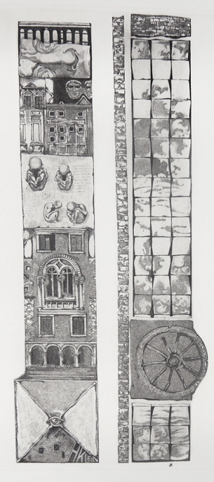 Ivan Rusachek (Belarusian); Twin Towers of Babel II - EXL H. KLEIN, 2013; etching, aquatint; 220x116 mm
